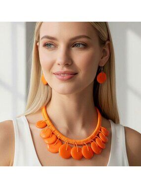 Tigerstars Bold Orange Resin Disc Embellished Statement Necklace